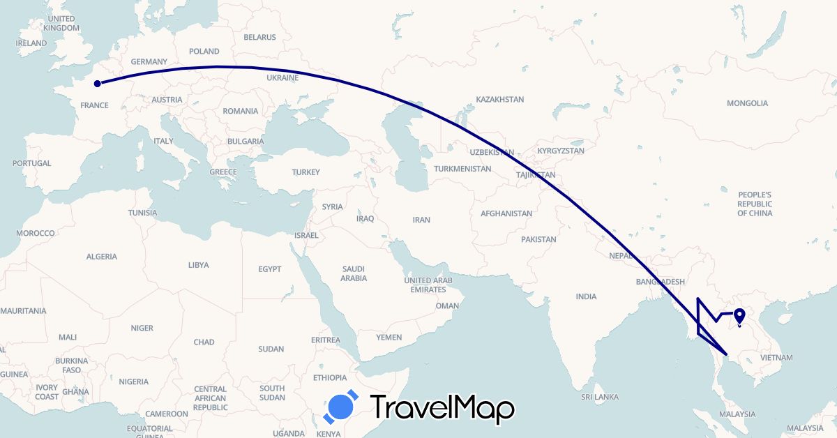 TravelMap itinerary: driving in France, Laos, Myanmar (Burma), Thailand (Asia, Europe)